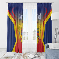 Personalized blue window curtain with red and yellow crest and 'Your Text' text panels