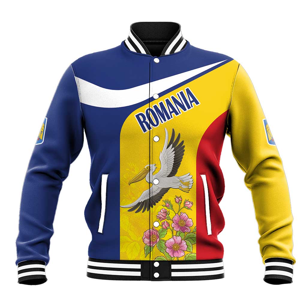 Unisex baseball jacket with ROMANIA graphic, pelican, floral art, yellow/blue/red panels