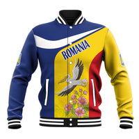 Unisex baseball jacket with ROMANIA graphic, pelican, floral art, yellow/blue/red panels
