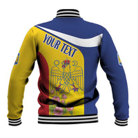 Unisex baseball jacket, back shows YOUR TEXT and emblem, yellow/blue/red panels