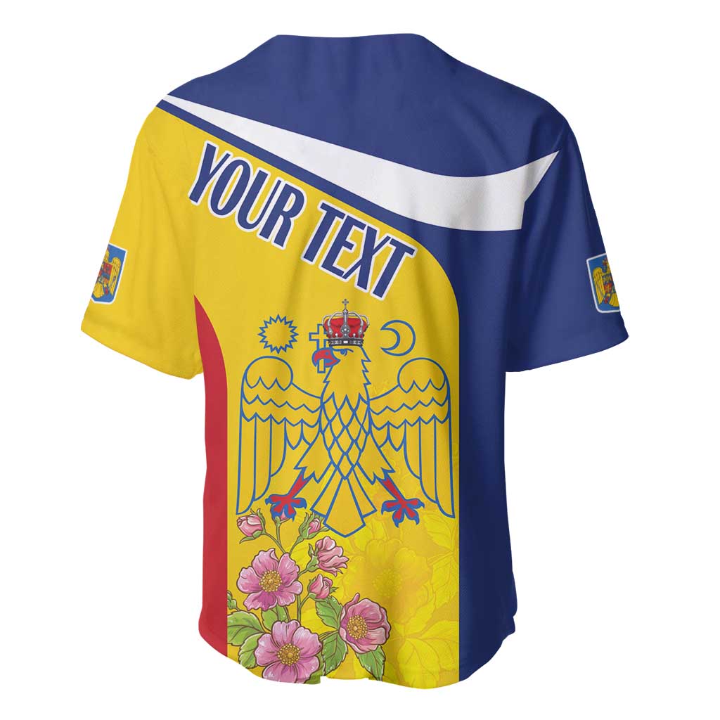 Blue and yellow baseball jersey with YOUR TEXT graphic, coat crest and flowers