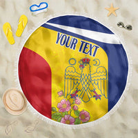 Round beach blanket with white fringe, yellow red blue crest and 'YOUR TEXT'.