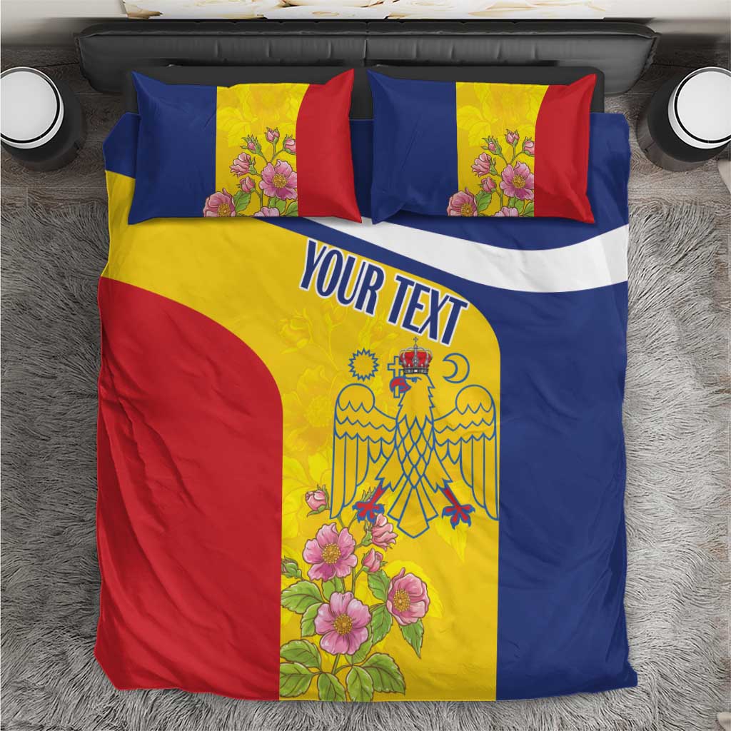 Blue, yellow and red flag-style duvet with floral crest and two matching pillow covers