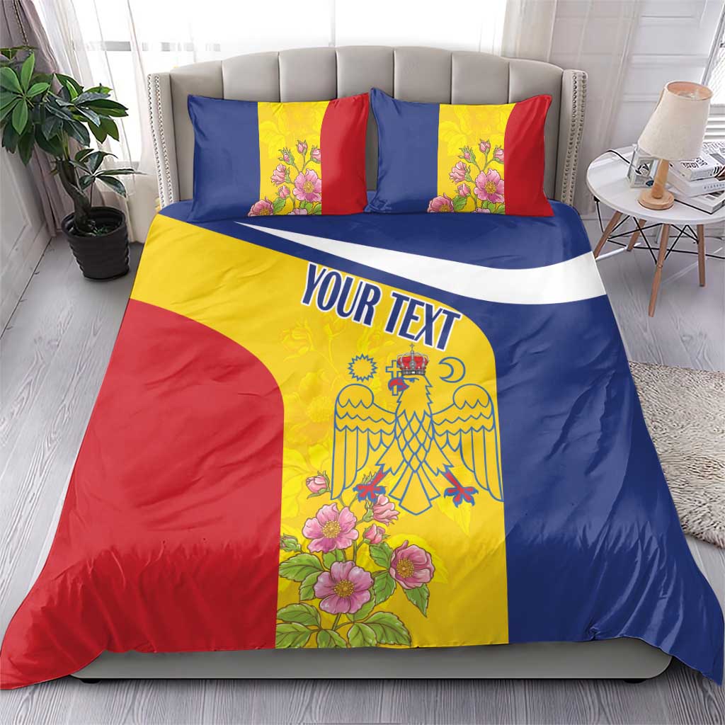Flag-colored duvet set with 'YOUR TEXT' band, floral crest and two red-trim pillows