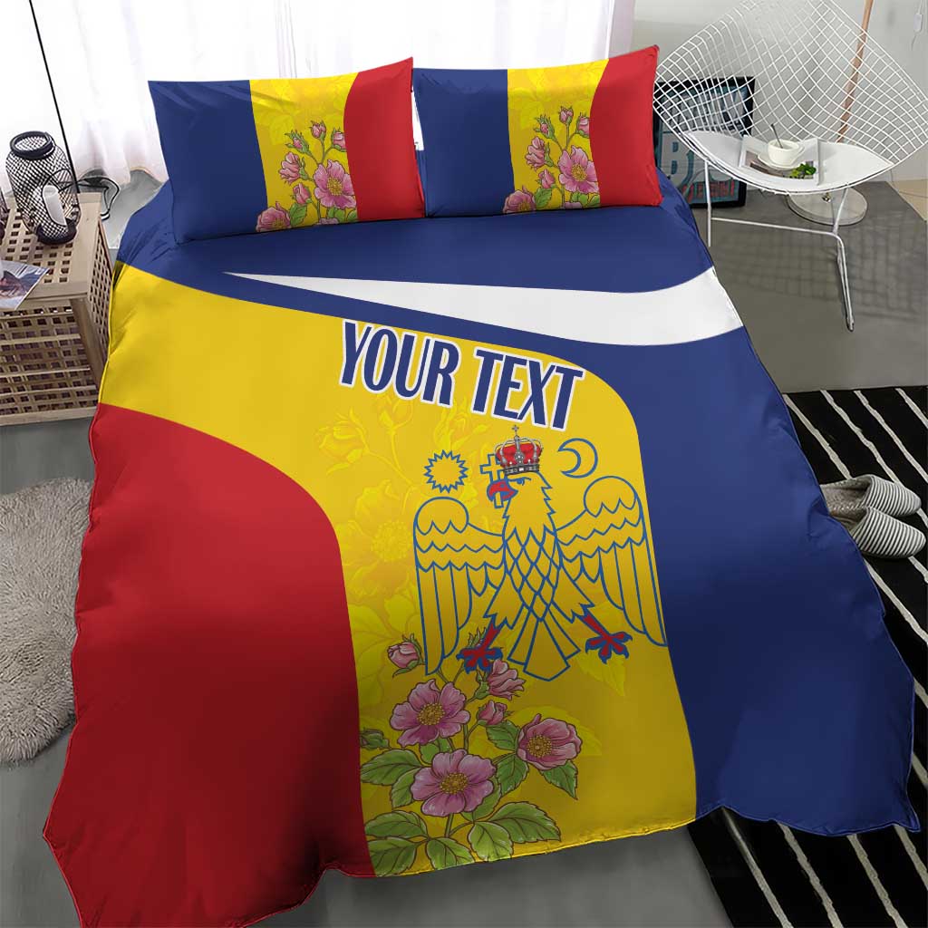 Flag-themed duvet set with 'YOUR TEXT' across center, yellow floral crest and pillows