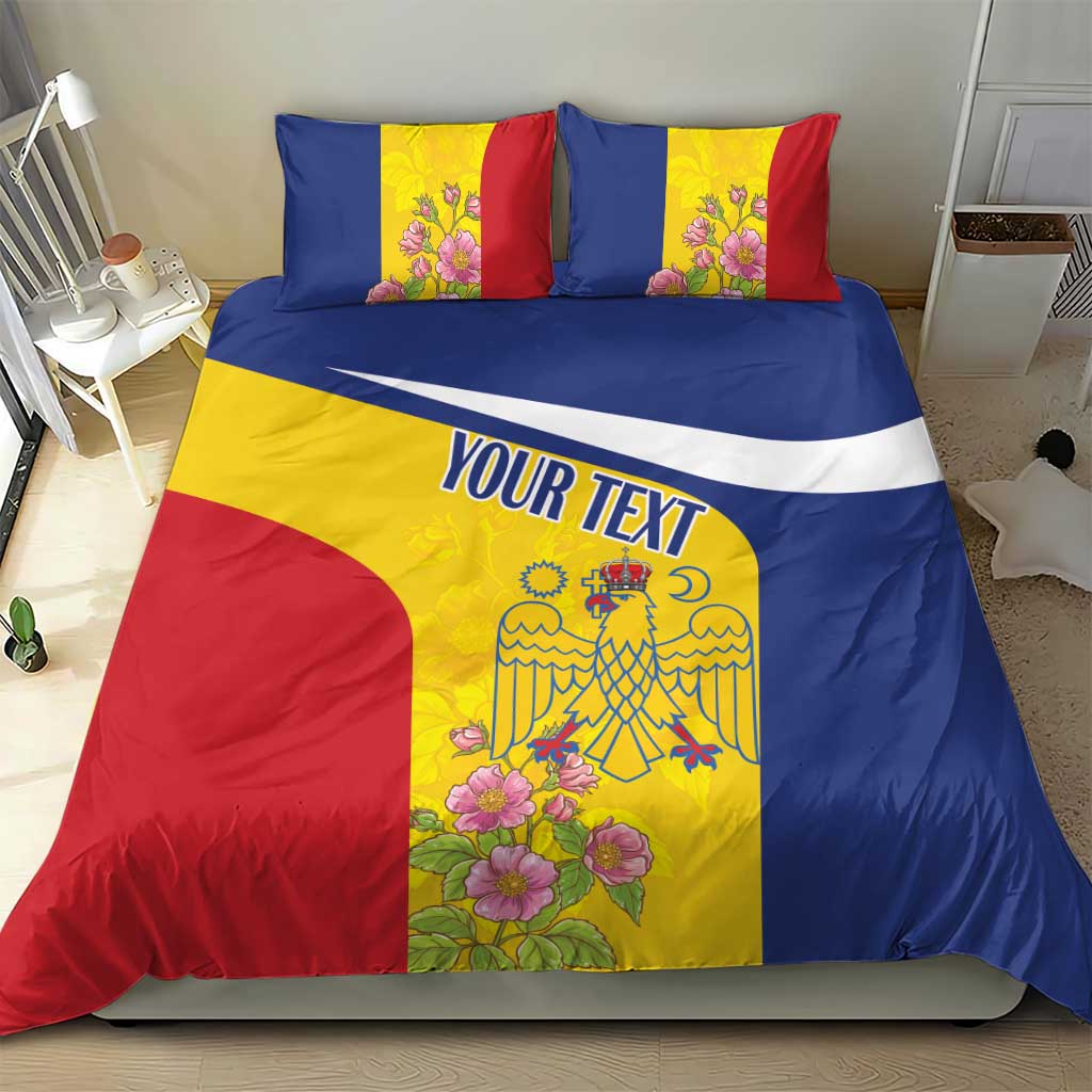 Blue duvet with red and yellow panels, floral crest art and two matching pillow covers