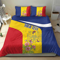Blue duvet with red and yellow panels, floral crest art and two matching pillow covers