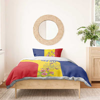 Flag-themed bedding set with duvet and pillows, floral crest artwork and 'YOUR TEXT'