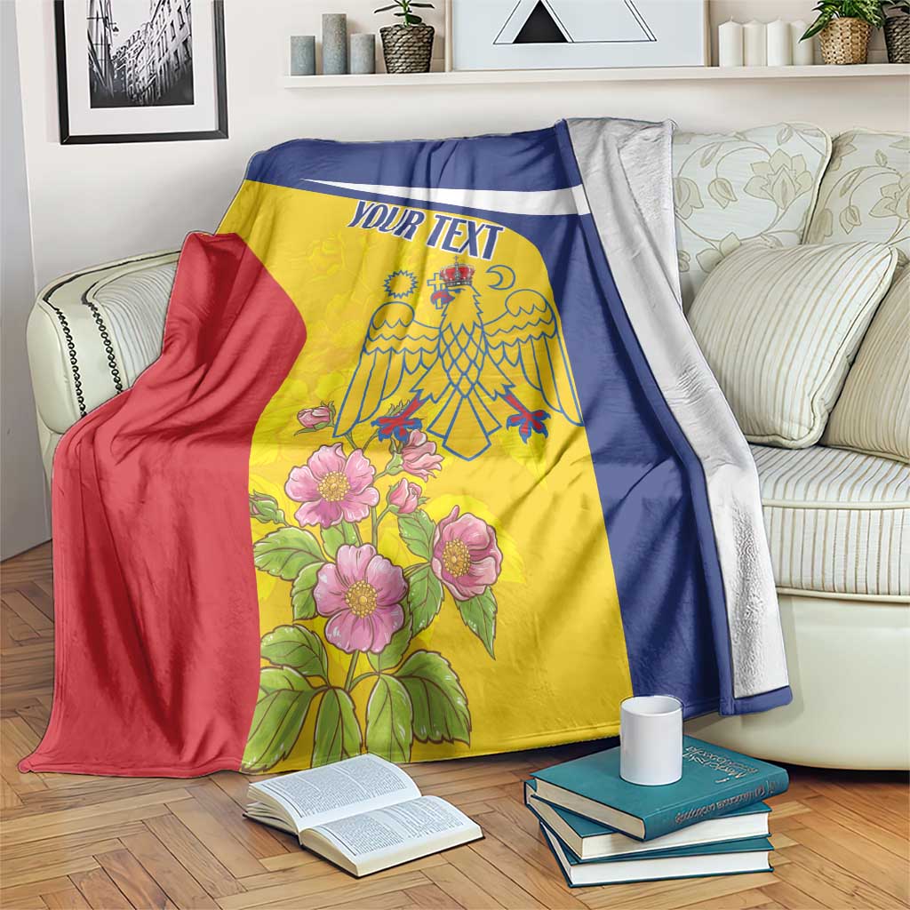 Personalized Romania pelican blanket with custom text, yellow blue red, draped over couch