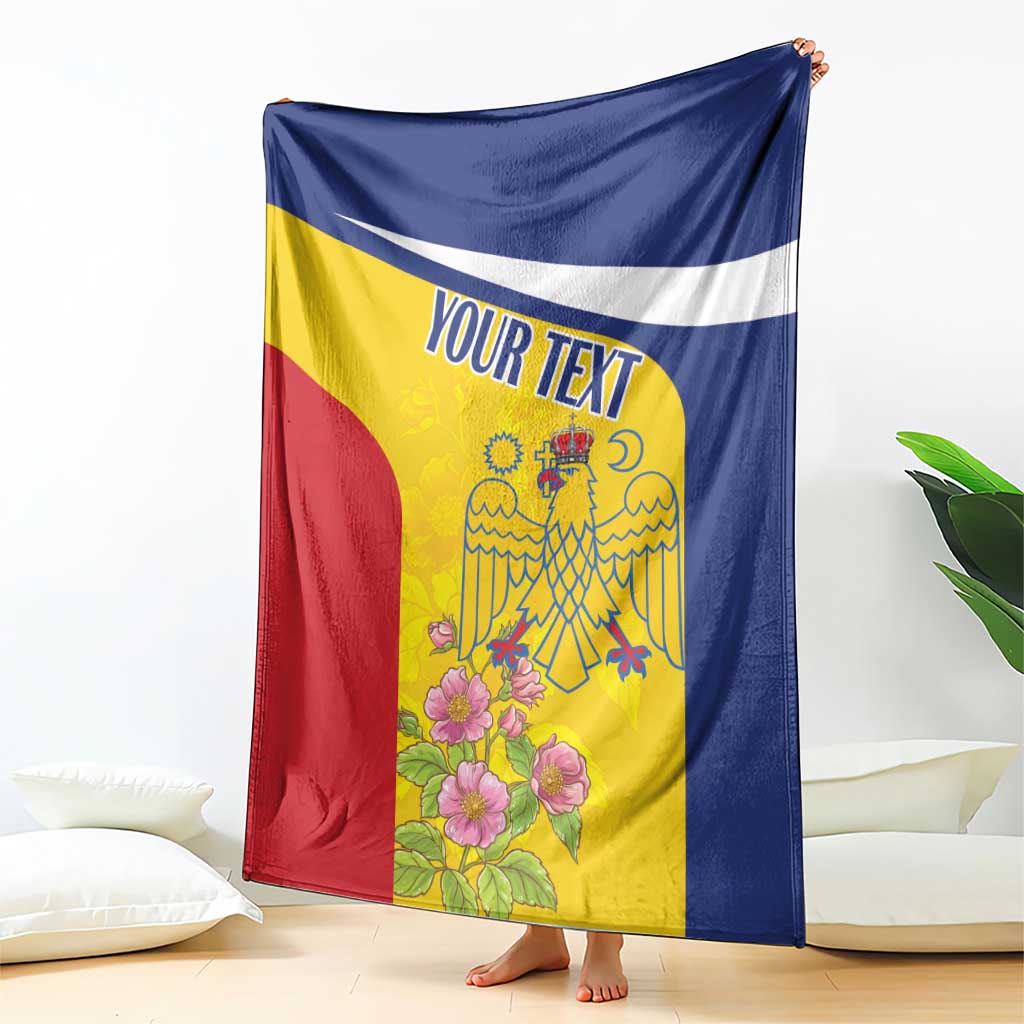 Personalized Romania pelican blanket with custom text, yellow blue red, hanging like a cape
