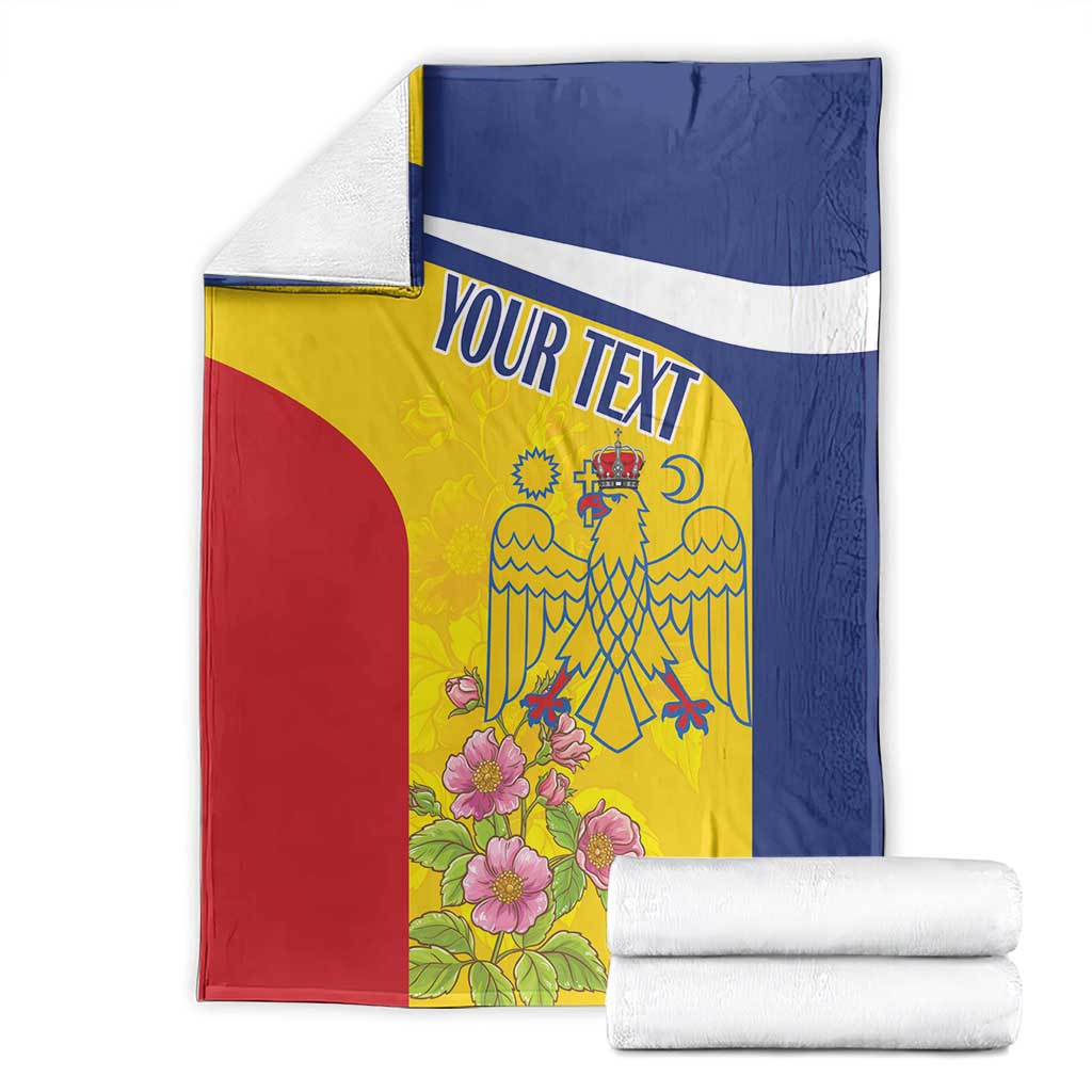 Personalized Romania pelican blanket with custom text, yellow blue red, folded with rolled blankets