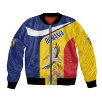 Unisex bomber jacket with Romania flag design, pelican and flower graphic, yellow sleeves