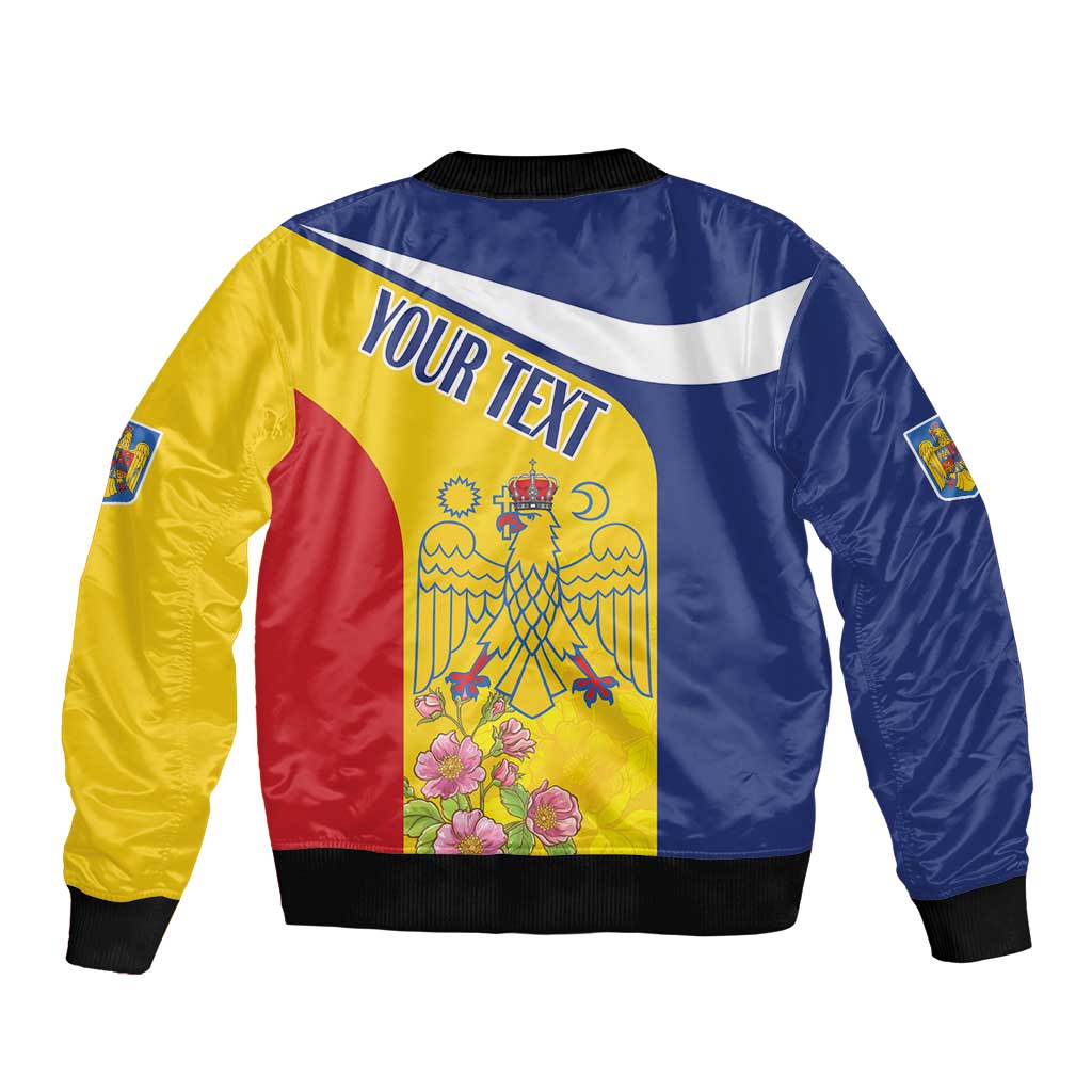 Unisex bomber jacket, back graphic with 'YOUR TEXT', eagle, flowers, striped blue-yellow-red