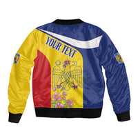 Unisex bomber jacket, back graphic with 'YOUR TEXT', eagle, flowers, striped blue-yellow-red