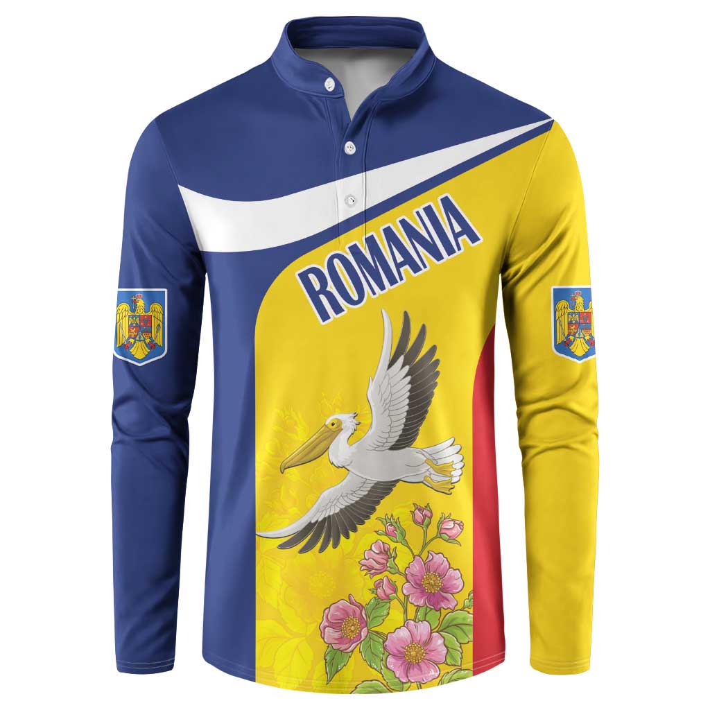 Long-sleeve button henley sweatshirt with Romania flag print and white pelican, blue and yellow