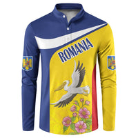 Long-sleeve button henley sweatshirt with Romania flag print and white pelican, blue and yellow