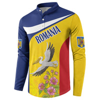 Long-sleeve button henley sweatshirt with Romania flag print, white pelican, blue and yellow