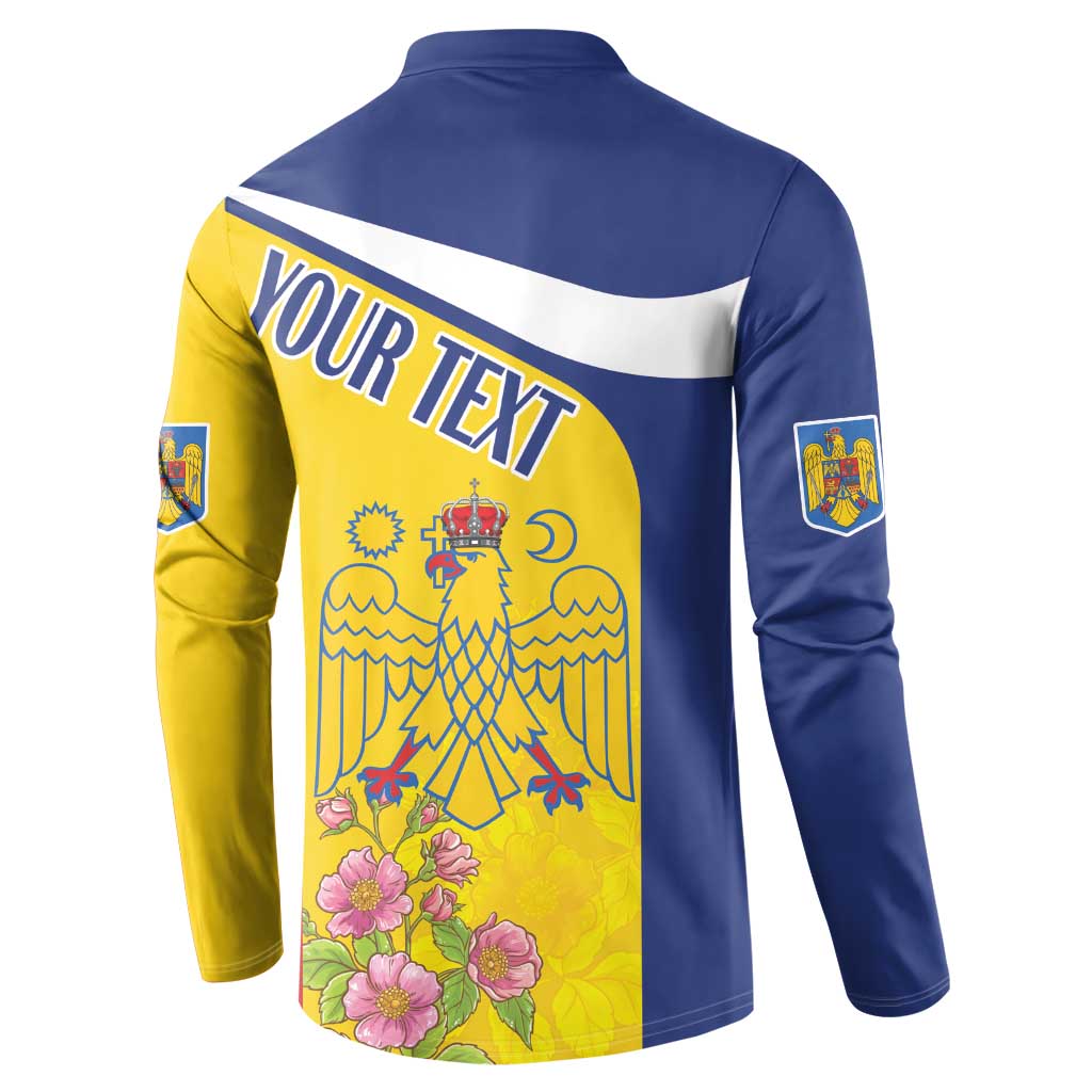 Long-sleeve button henley sweatshirt back print with YOUR TEXT, floral emblem, blue and yellow