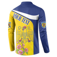 Long-sleeve button henley sweatshirt back print with YOUR TEXT, floral emblem, blue and yellow