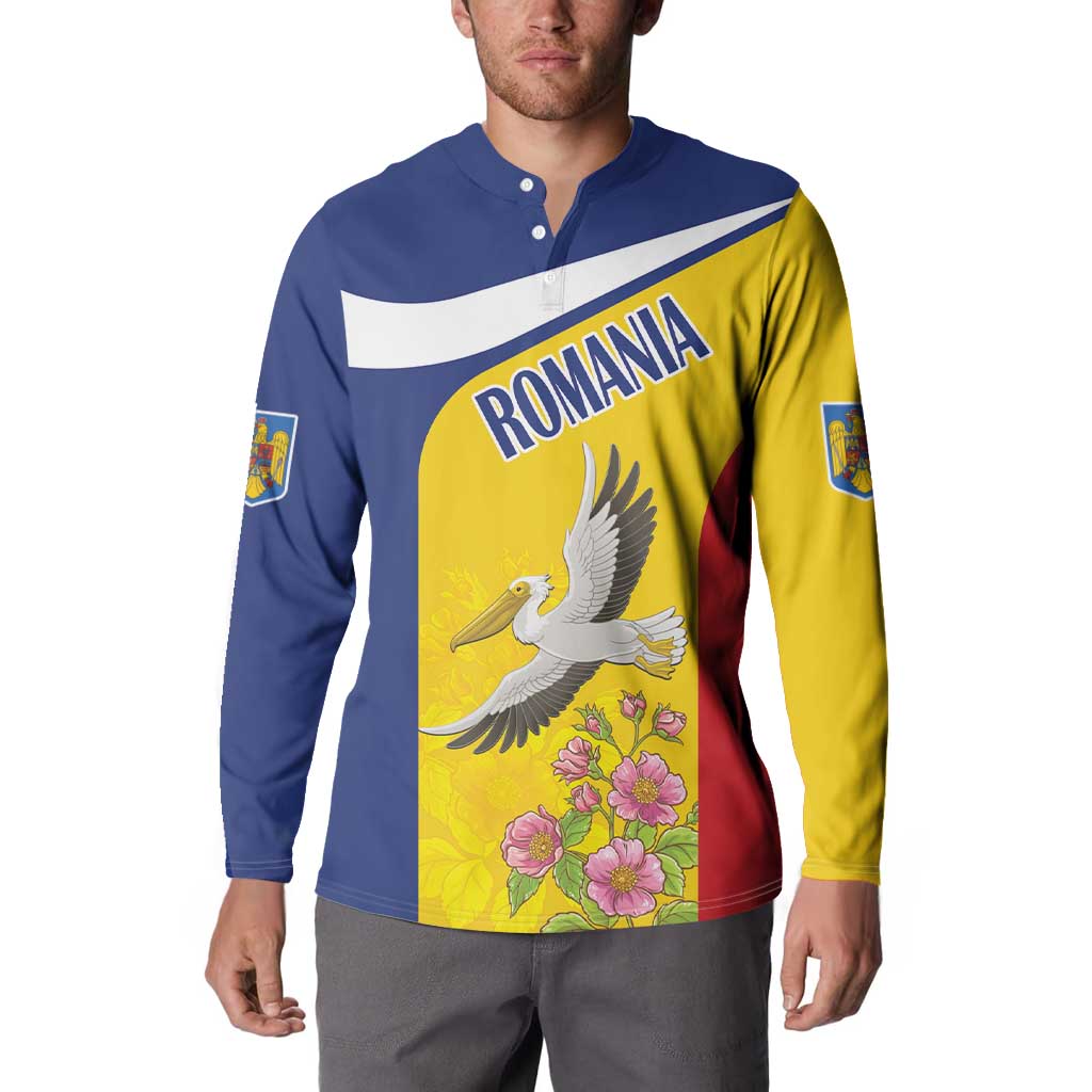 Long-sleeve button henley sweatshirt with Romania text and white pelican graphic, blue and yellow