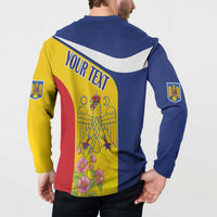 Long-sleeve button henley sweatshirt back print with YOUR TEXT emblem and flowers, blue and yellow