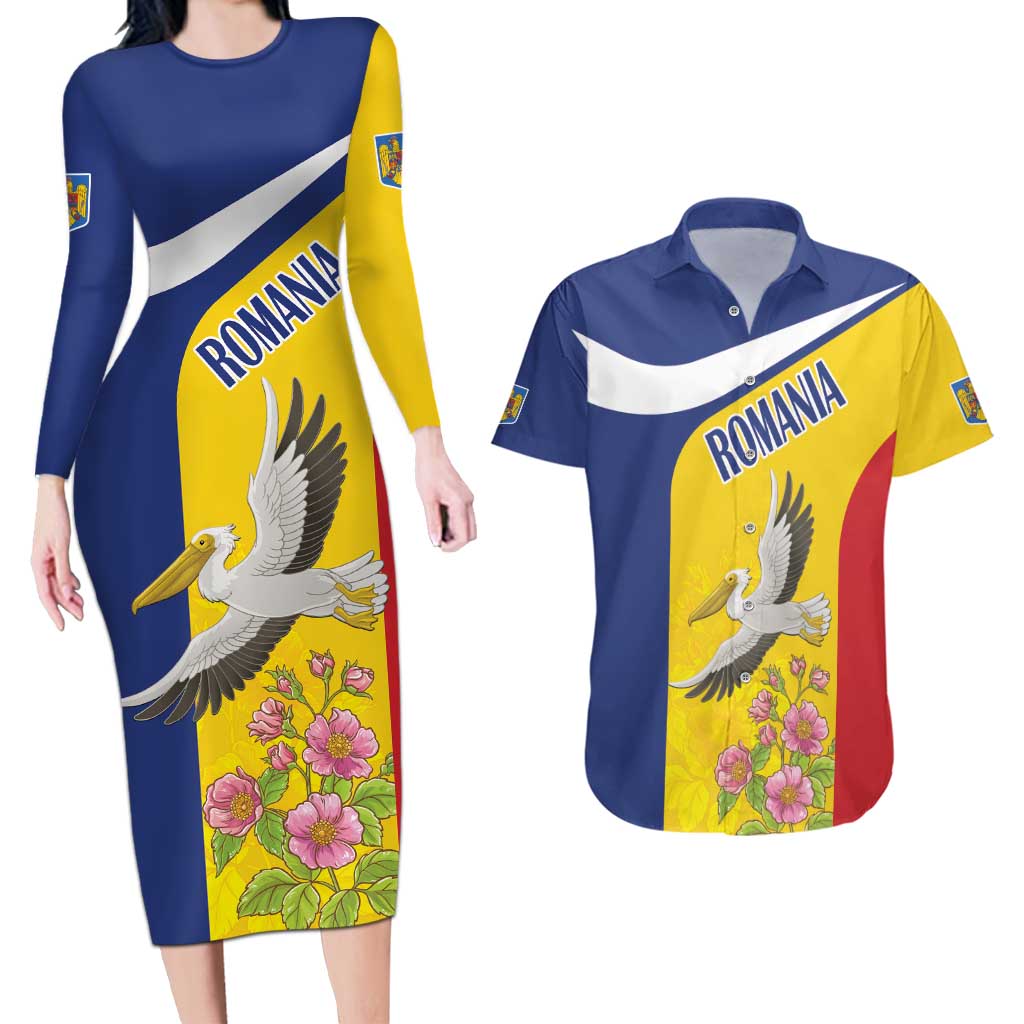 Personalized Romania Great White Pelican Couples Matching Long Sleeve Bodycon Dress and Hawaiian Shirt With Rosa Canina - Wonder Print Shop