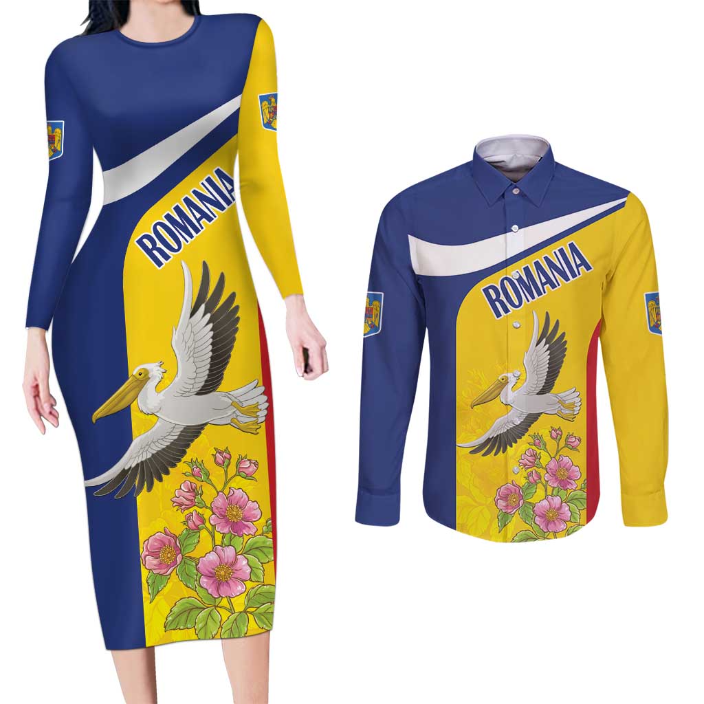 Personalized Romania Great White Pelican Couples Matching Long Sleeve Bodycon Dress and Long Sleeve Button Shirt With Rosa Canina - Wonder Print Shop