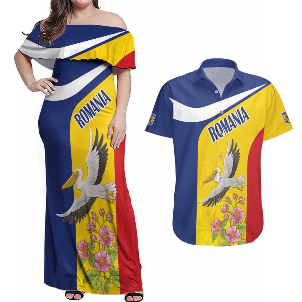 Personalized Romania Great White Pelican Couples Matching Off Shoulder Maxi Dress and Hawaiian Shirt With Rosa Canina - Wonder Print Shop