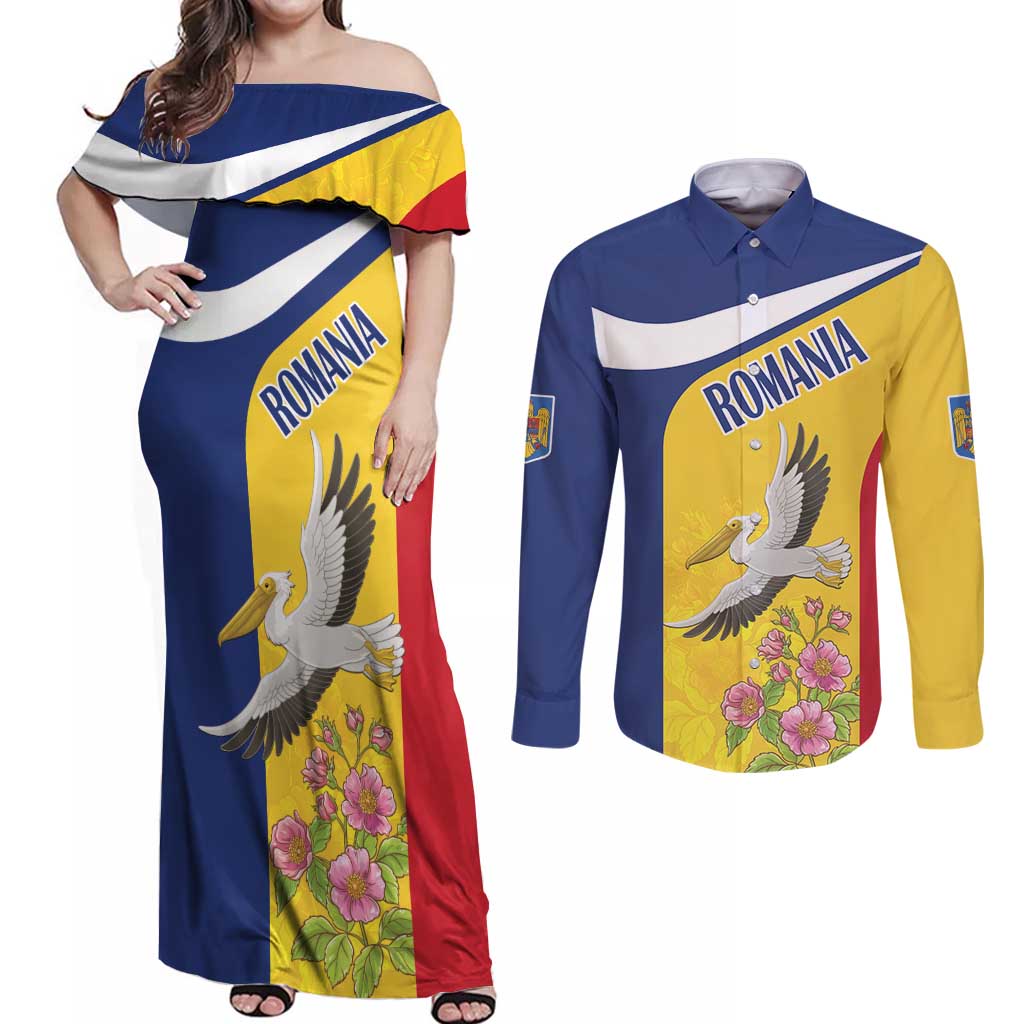 Personalized Romania Great White Pelican Couples Matching Off Shoulder Maxi Dress and Long Sleeve Button Shirt With Rosa Canina - Wonder Print Shop