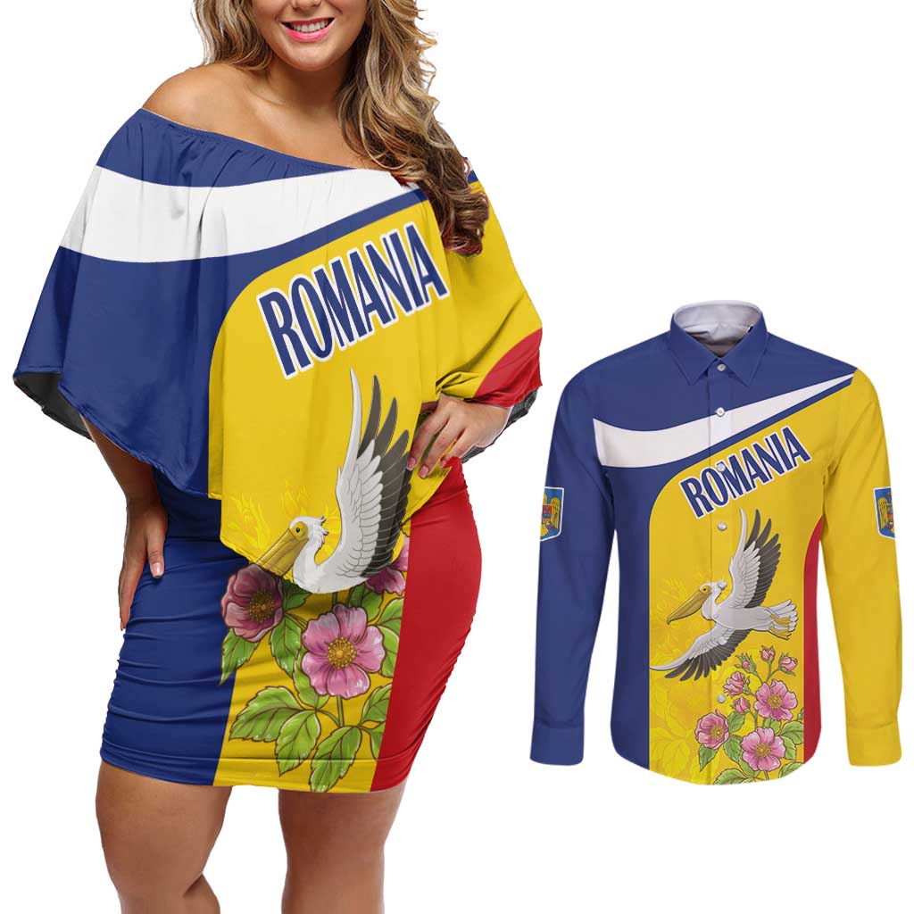 Personalized Romania Great White Pelican Couples Matching Off Shoulder Short Dress and Long Sleeve Button Shirt With Rosa Canina - Wonder Print Shop