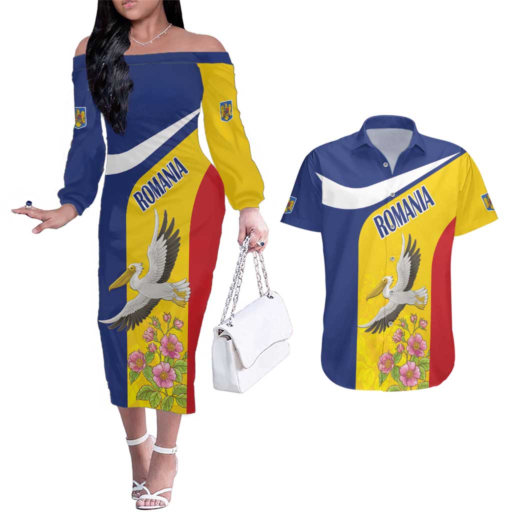 Personalized Romania Great White Pelican Couples Matching Off The Shoulder Long Sleeve Dress and Hawaiian Shirt With Rosa Canina - Wonder Print Shop