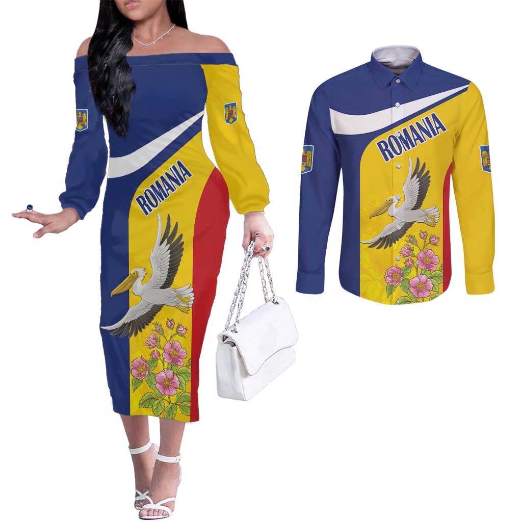 Personalized Romania Great White Pelican Couples Matching Off The Shoulder Long Sleeve Dress and Long Sleeve Button Shirt With Rosa Canina