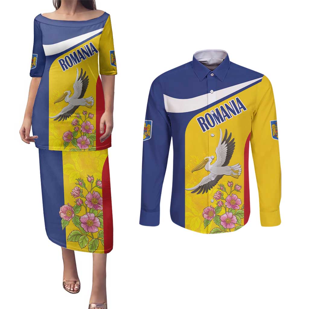 Personalized Romania Great White Pelican Couples Matching Puletasi and Long Sleeve Button Shirt With Rosa Canina - Wonder Print Shop