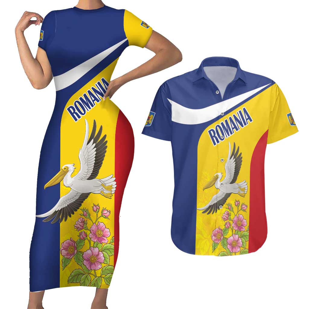 Personalized Romania Great White Pelican Couples Matching Short Sleeve Bodycon Dress and Hawaiian Shirt With Rosa Canina - Wonder Print Shop