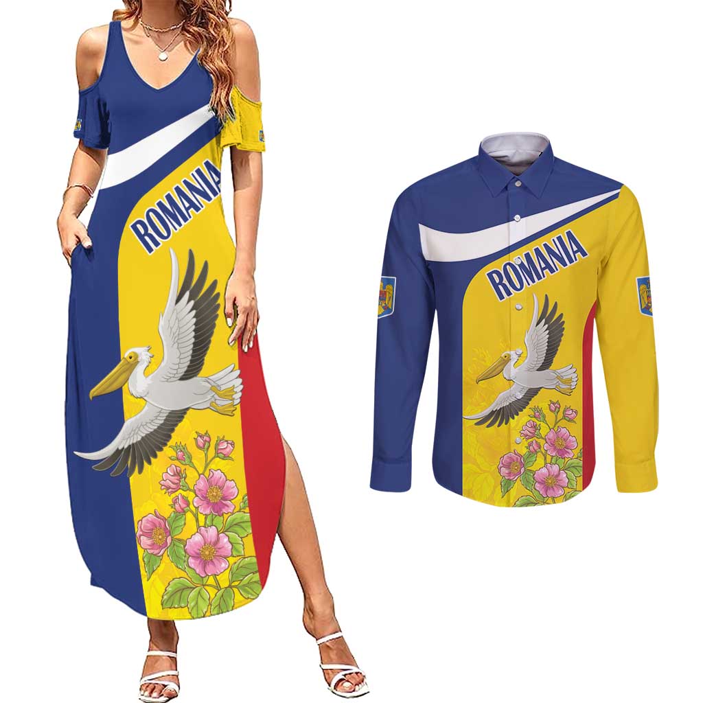 Personalized Romania Great White Pelican Couples Matching Summer Maxi Dress and Long Sleeve Button Shirt With Rosa Canina - Wonder Print Shop