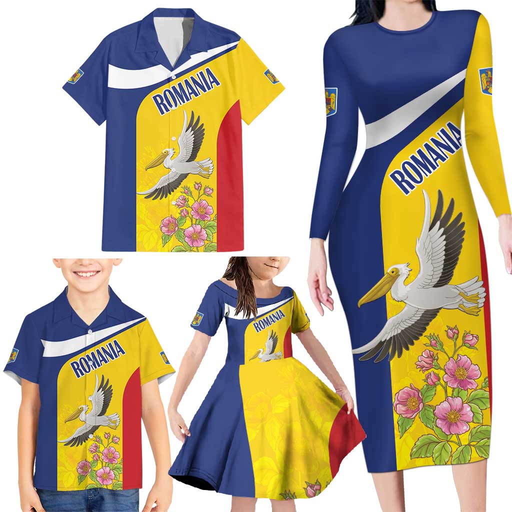 Personalized Romania Great White Pelican Family Matching Long Sleeve Bodycon Dress and Hawaiian Shirt With Rosa Canina - Wonder Print Shop