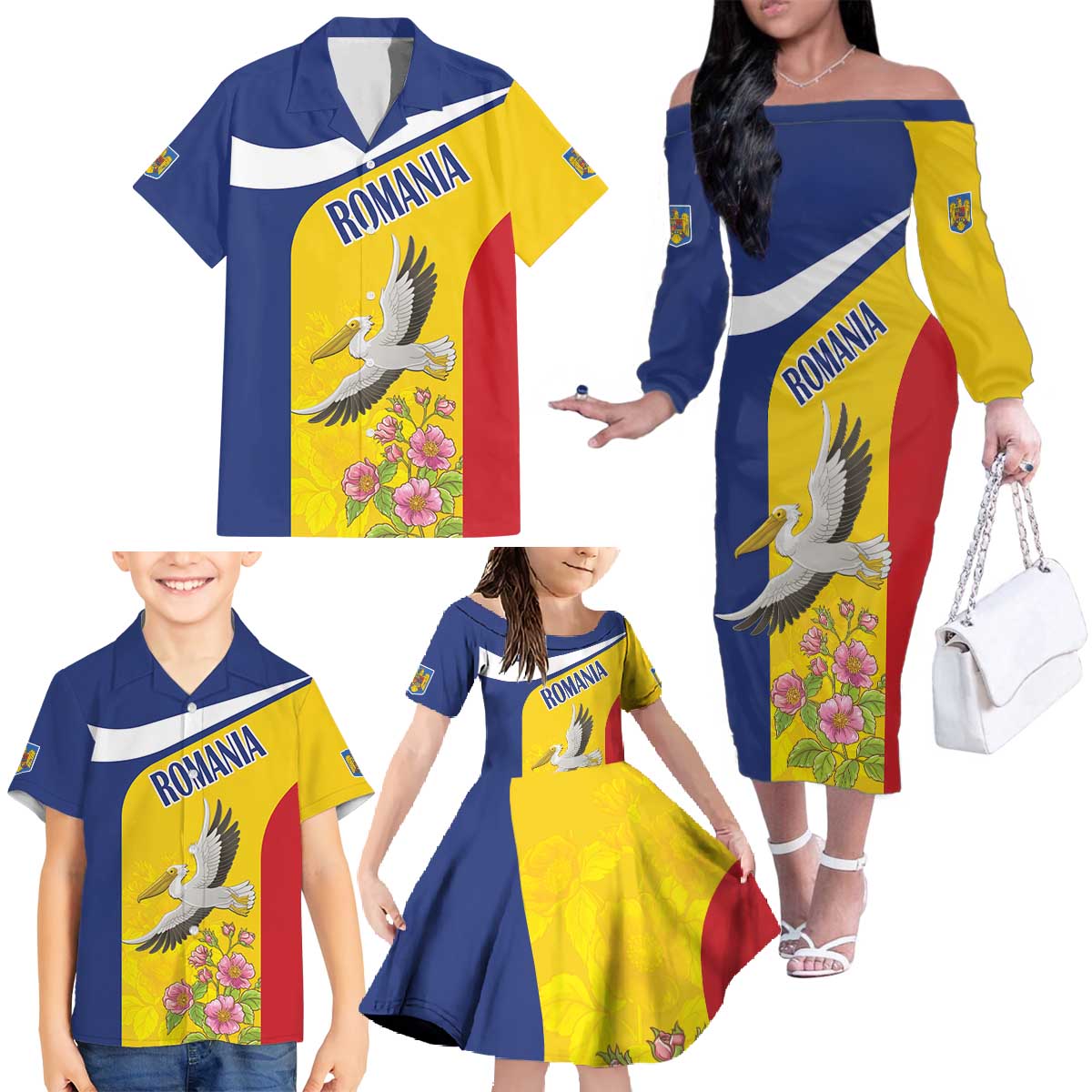 Personalized Romania Great White Pelican Family Matching Off The Shoulder Long Sleeve Dress and Hawaiian Shirt With Rosa Canina - Wonder Print Shop