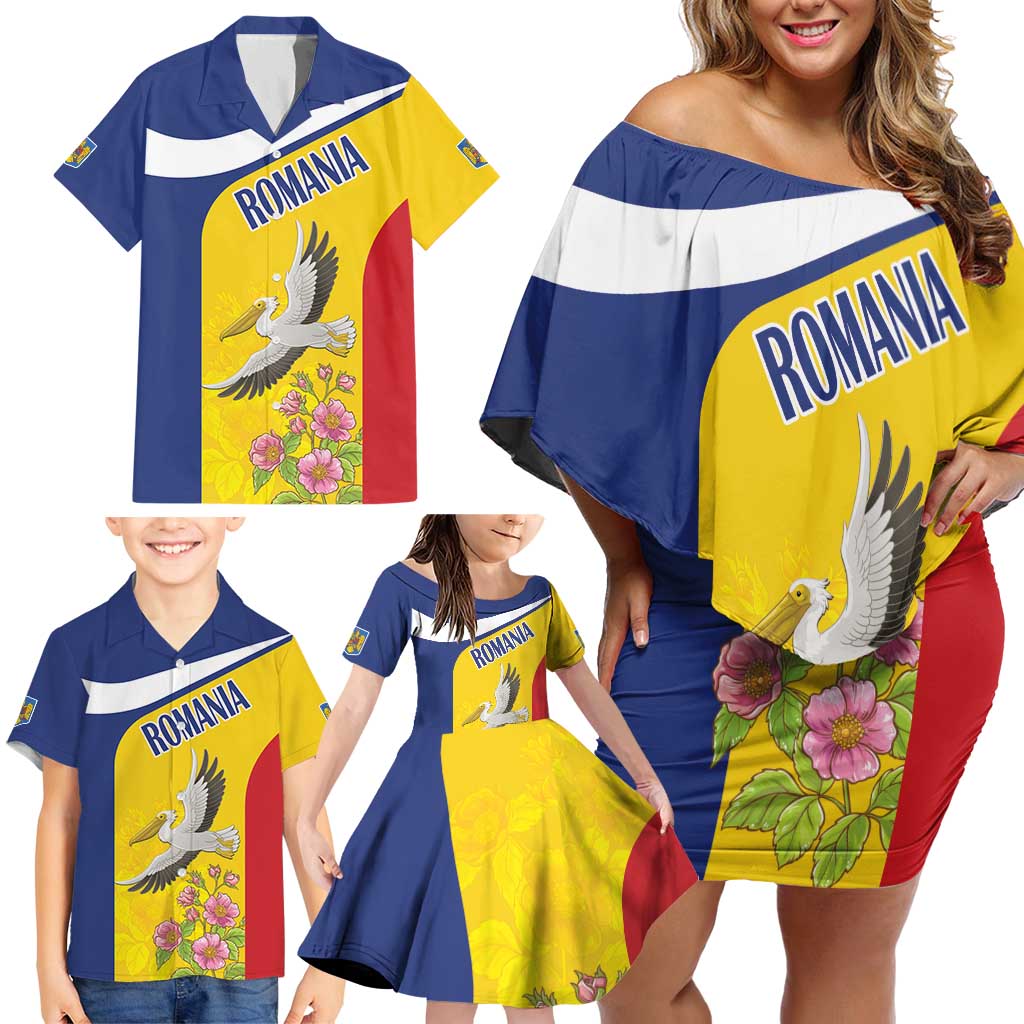 Personalized Romania Great White Pelican Family Matching Off Shoulder Short Dress and Hawaiian Shirt With Rosa Canina - Wonder Print Shop