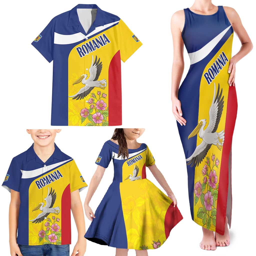 Personalized Romania Great White Pelican Family Matching Tank Maxi Dress and Hawaiian Shirt With Rosa Canina - Wonder Print Shop