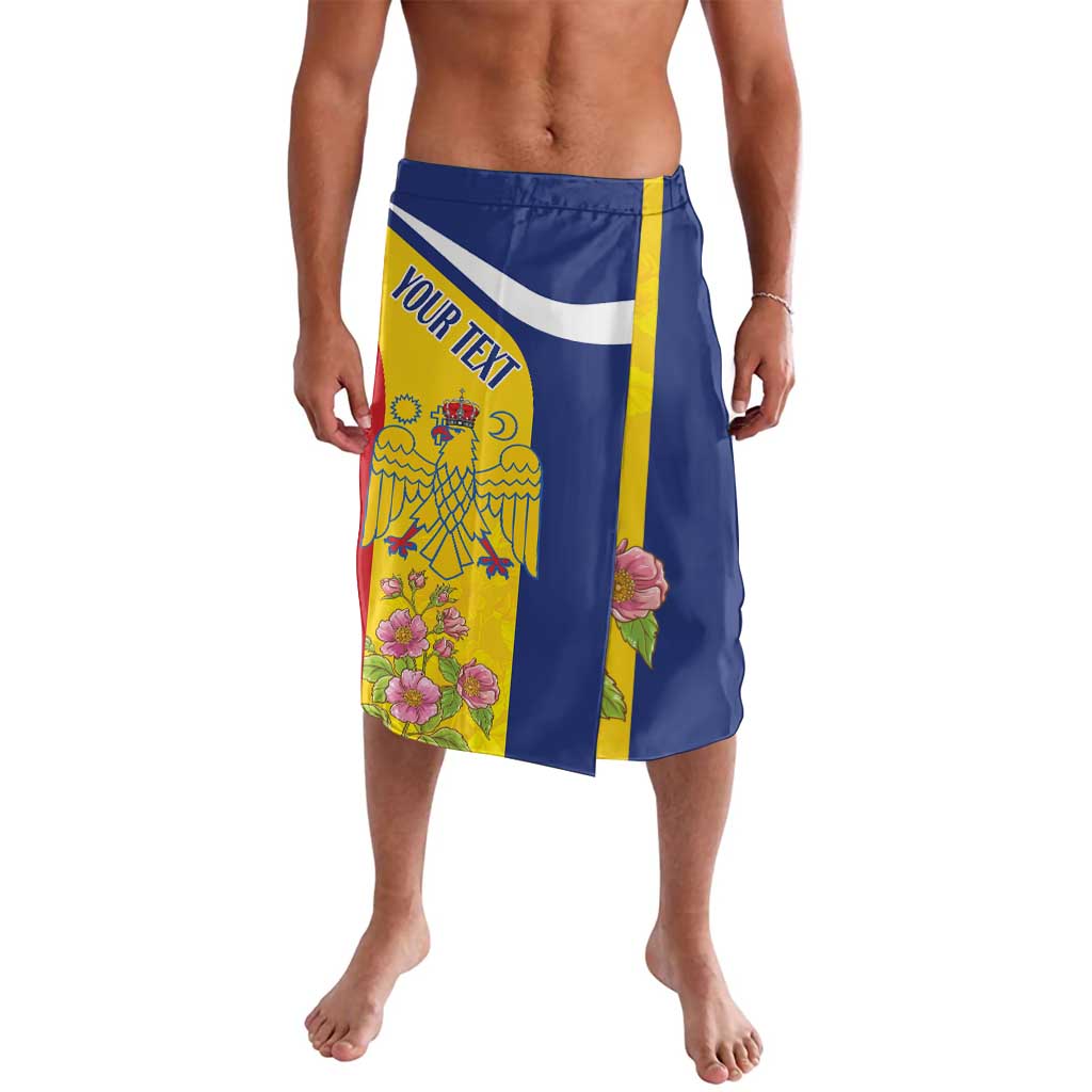 Blue printed sarong-style shorts with yellow stripe, pelican emblem, rose floral panel