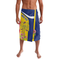 Blue printed sarong-style shorts with yellow stripe, pelican emblem, rose floral panel