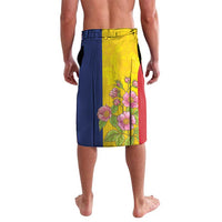 Blue, red, and yellow printed sarong-style shorts with rose flower bouquet and emblem
