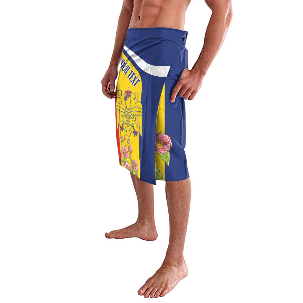 Blue printed sarong-style shorts with yellow stripe, pelican emblem, and rose floral design