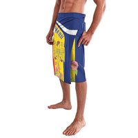 Blue printed sarong-style shorts with yellow stripe, pelican emblem, and rose floral design