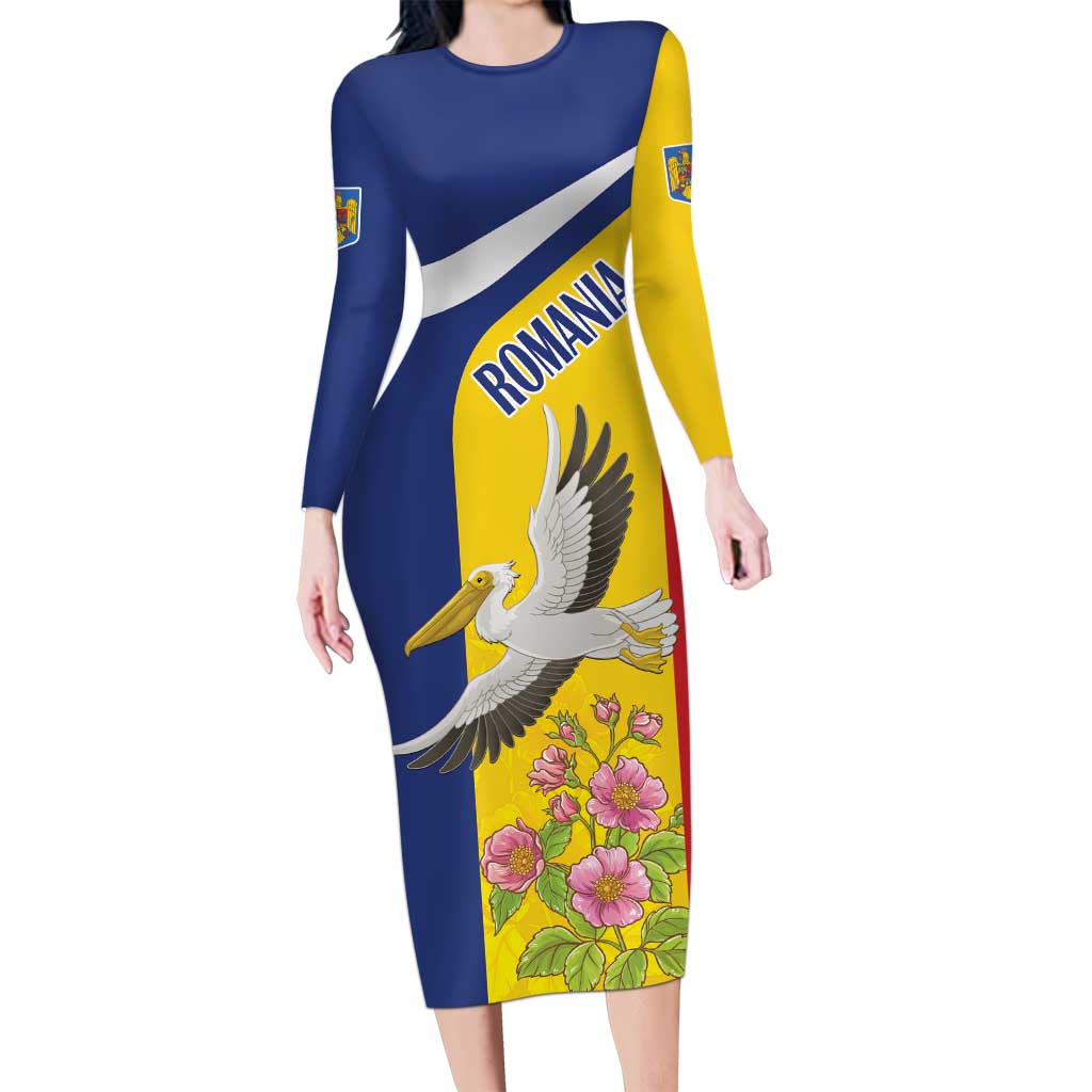 Personalized Romania Great White Pelican Long Sleeve Bodycon Dress With Rosa Canina - Wonder Print Shop