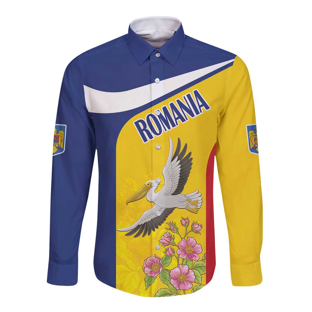 Unisex long sleeve button shirt, blue and yellow with ROMANIA text and pelican graphic
