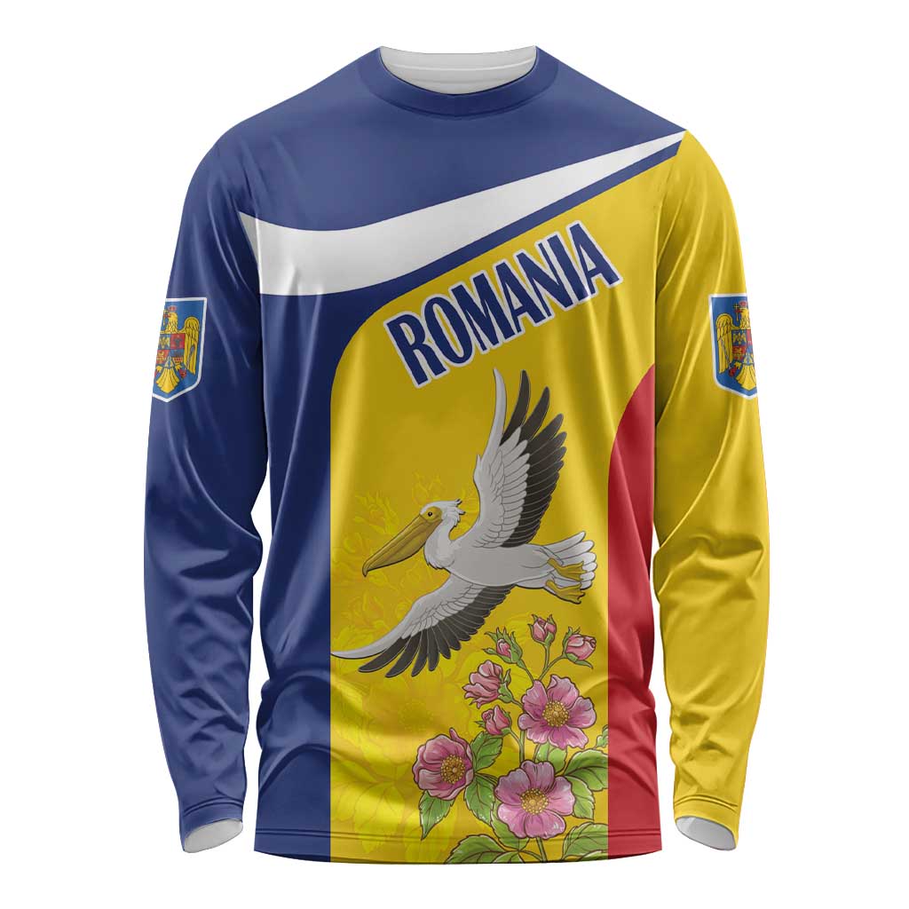 Personalized Romania Great White Pelican Long Sleeve Shirt With Rosa Canina - Wonder Print Shop