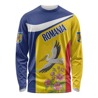 Unisex long sleeve graphic shirt, yellow and navy with Romania pelican and flowers