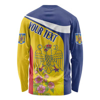 Unisex long sleeve graphic shirt, yellow and navy back print with your text and crest