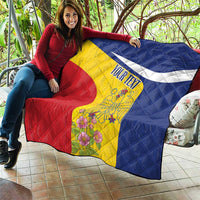 Personalized Romania flag quilt draped on outdoor seating, blue yellow red with your text